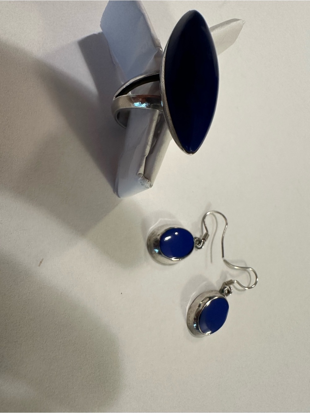 Sterling silver (marked) Blue Cabochon Ring and Earrings - Picture 5 of 5